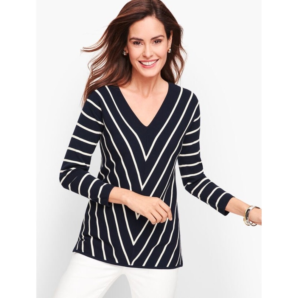 Talbots Womens Navy Blue White Striped Chevron V-Neck Knit Sweater Preppy Size S - Picture 2 of 8